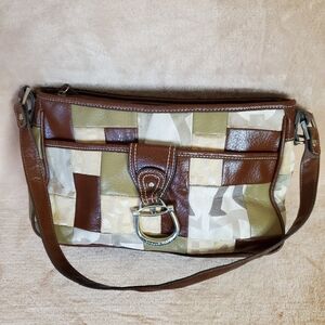 Etienne Aigner Brown and Cream Patchwork Shoulder Bag